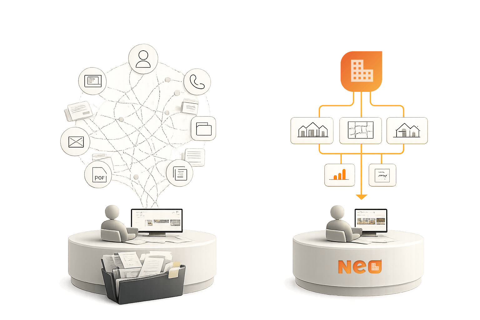 Two agents — one with fragmented research, one with NEO infrastructure